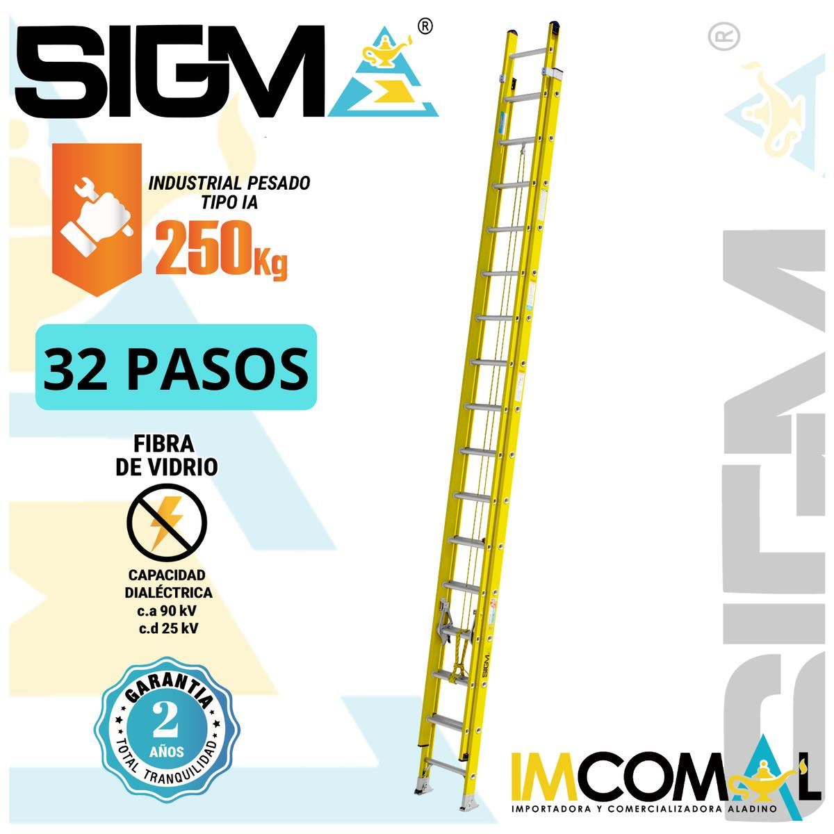 Escalera Fibra de Vidrio Telescópica de 32 Pasos. Cap. Max. de Carga: 250 Kg. Tipo IA (Industrial Pesado)